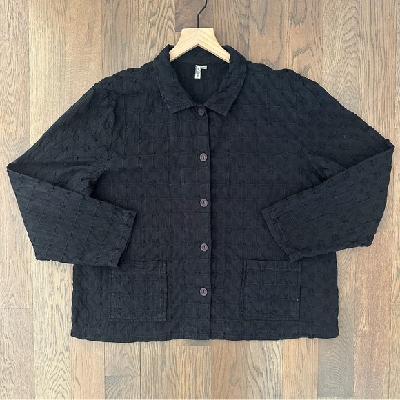 Vintage Textured Collared Cotton Button Front Chore Jacket in Black Large